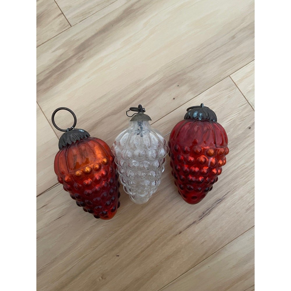 Antique VTG Kugel Clear Red Set Glass Christmas Ornament Grape Cluster Brass